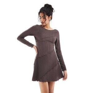 Miss Selfridge Women's Purple Mixed Texture Long Sleeve Scoop Back Dress